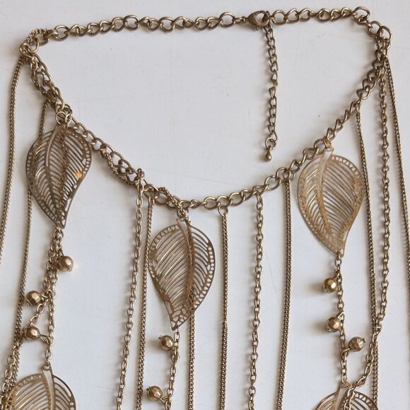 Gold Statement Necklace, Falling Beads and Leaf motif, pair it w/ gold studs - Picture 1 of 4
